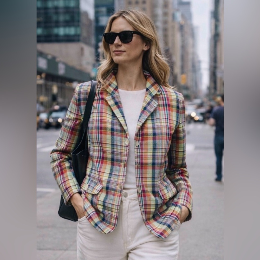 XL Cotton Plaid Madras Blazer Jacket Talbots 16 preppy academia stripe retro 90s - Picture 15 of 16